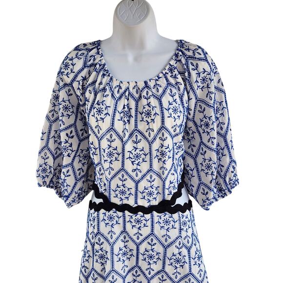 NWT H&M Blue White Embroidered Floral Eyelet Black RicRac Cutout Waist Dress XXL - Picture 4 of 8